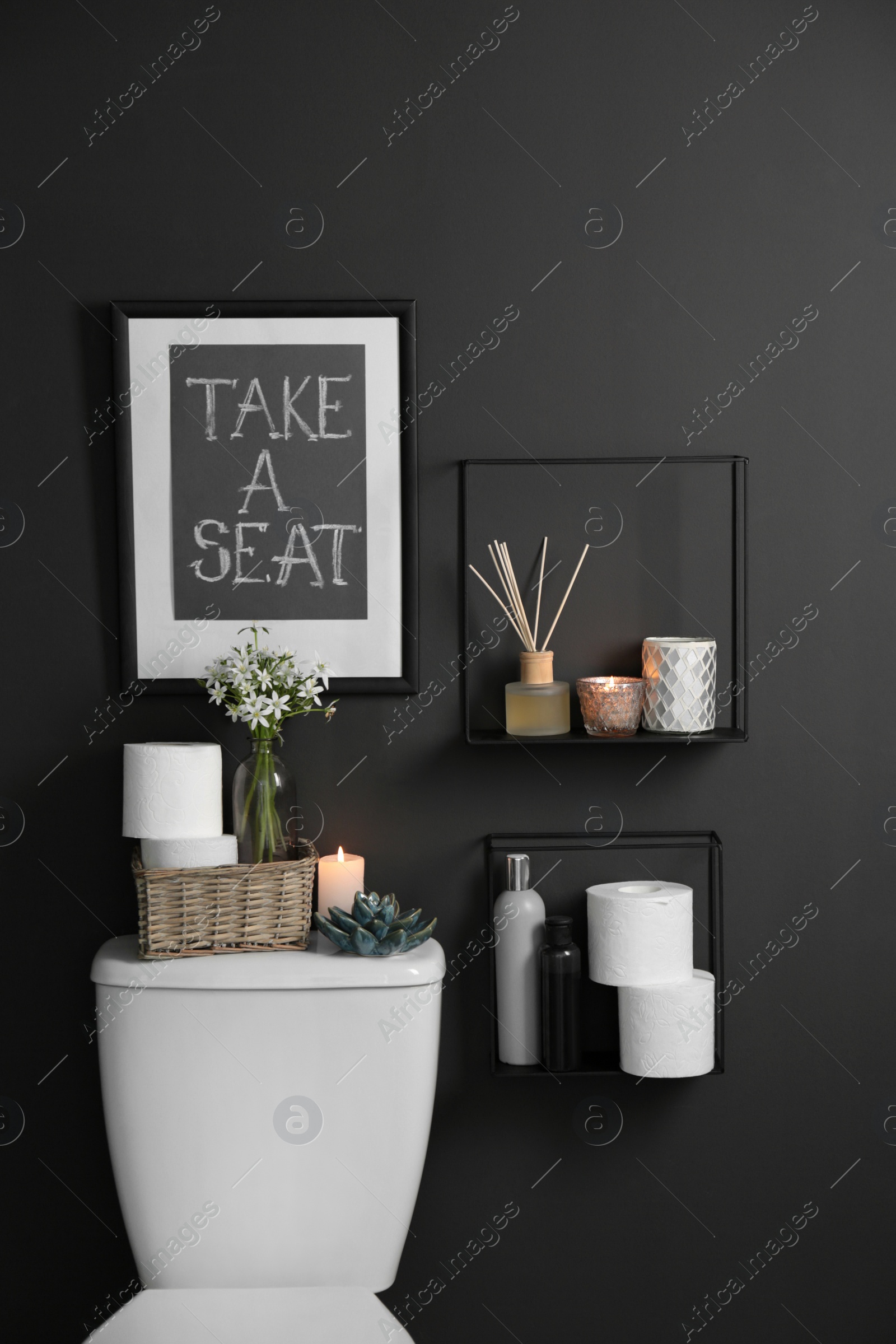 Photo of Decor elements, necessities and toilet bowl near black wall. Bathroom interior