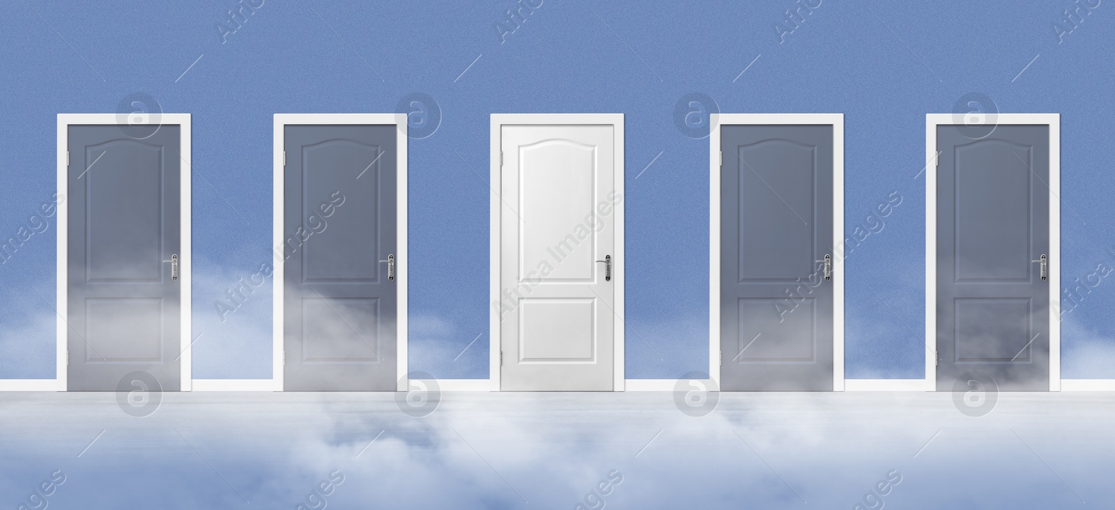 Image of White door among grey ones in room. Concept of choice