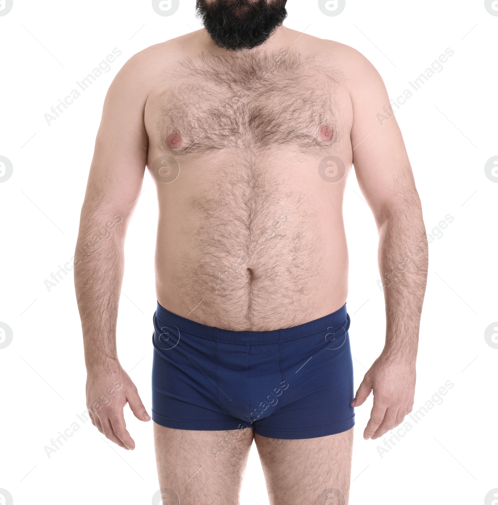 Photo of Overweight man isolated on white, closeup. Weight loss