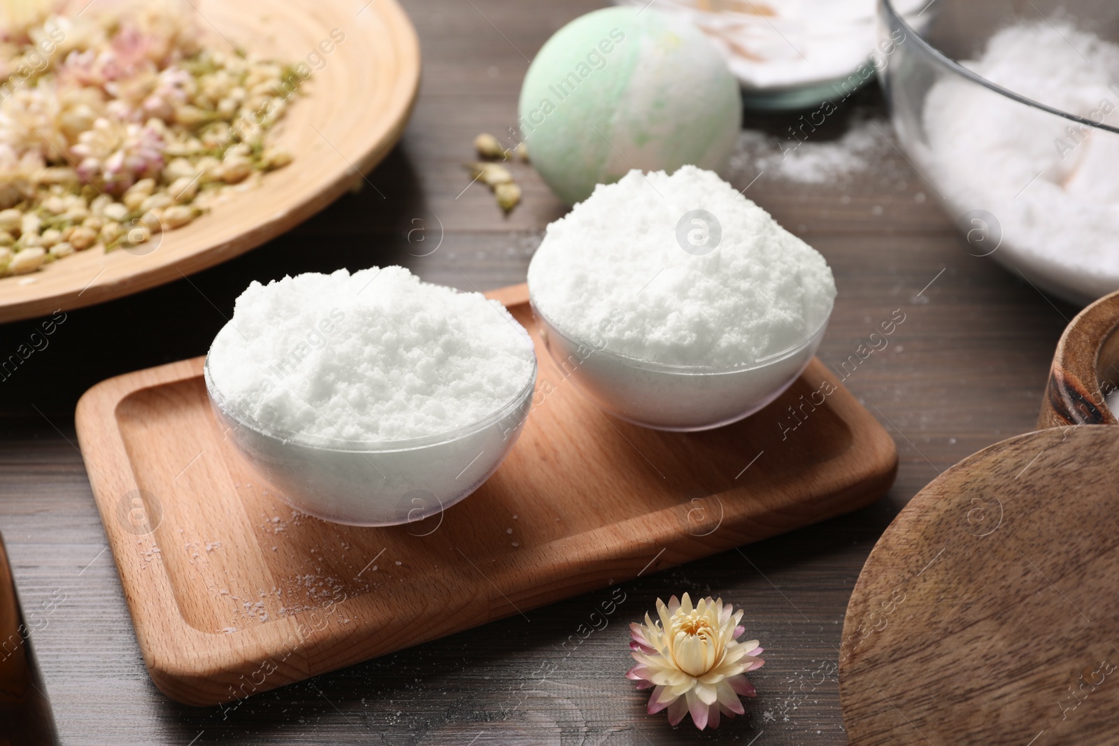 Photo of Bath bomb mold and ingredients on wooden table