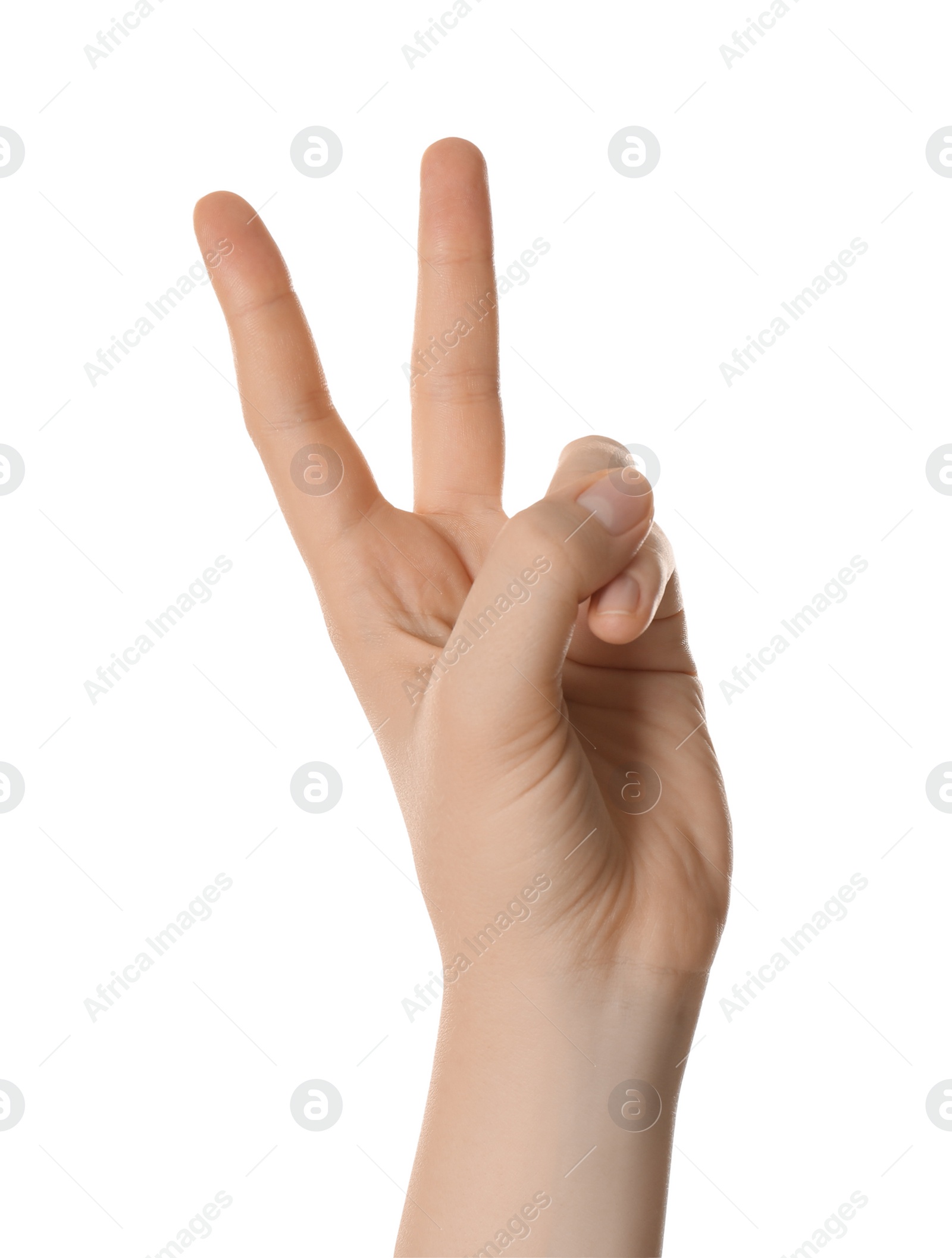 Photo of Woman showing two fingers isolated on white, closeup