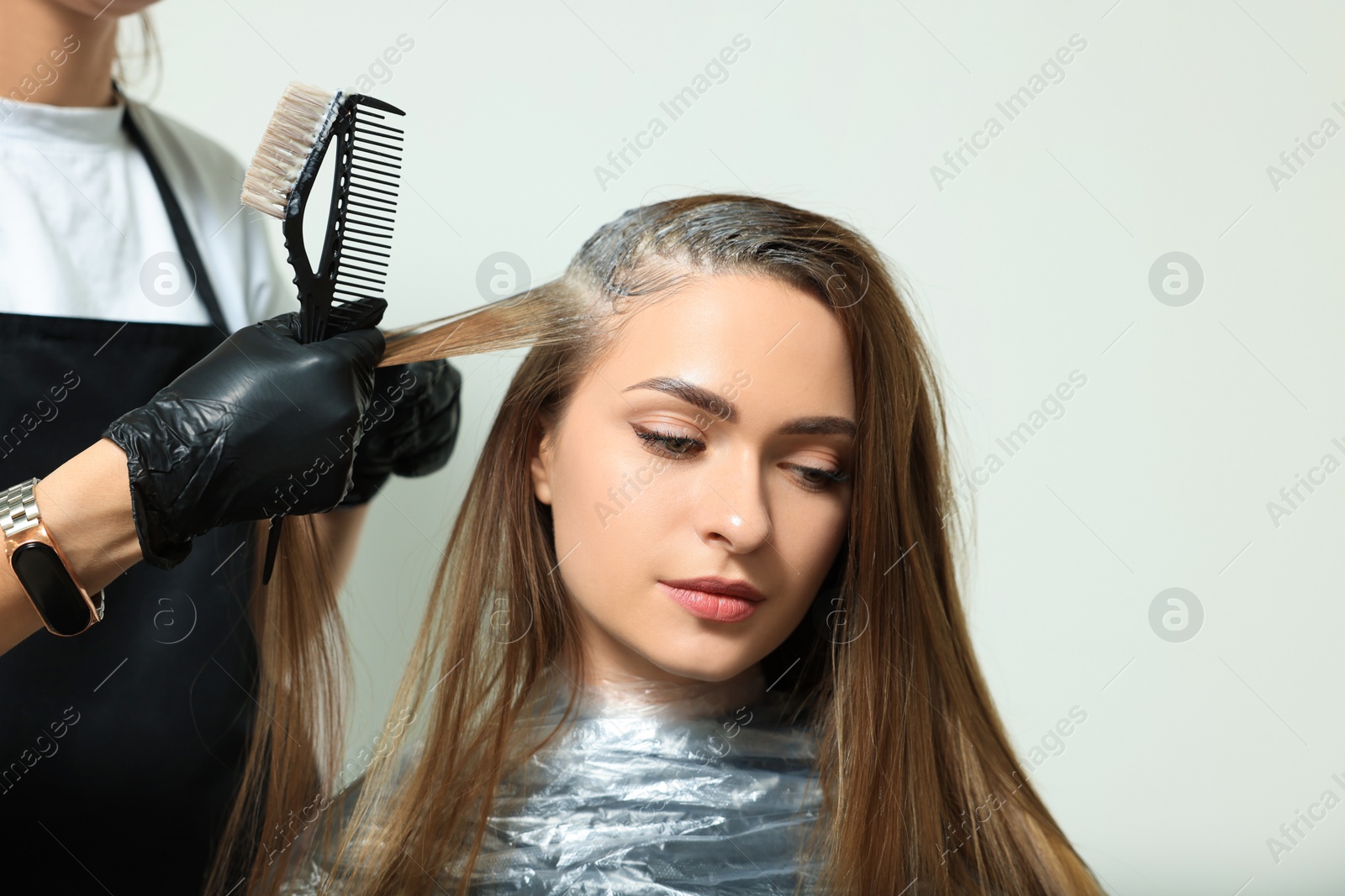 Photo of Professional hairdresser dyeing client's hair in beauty salon