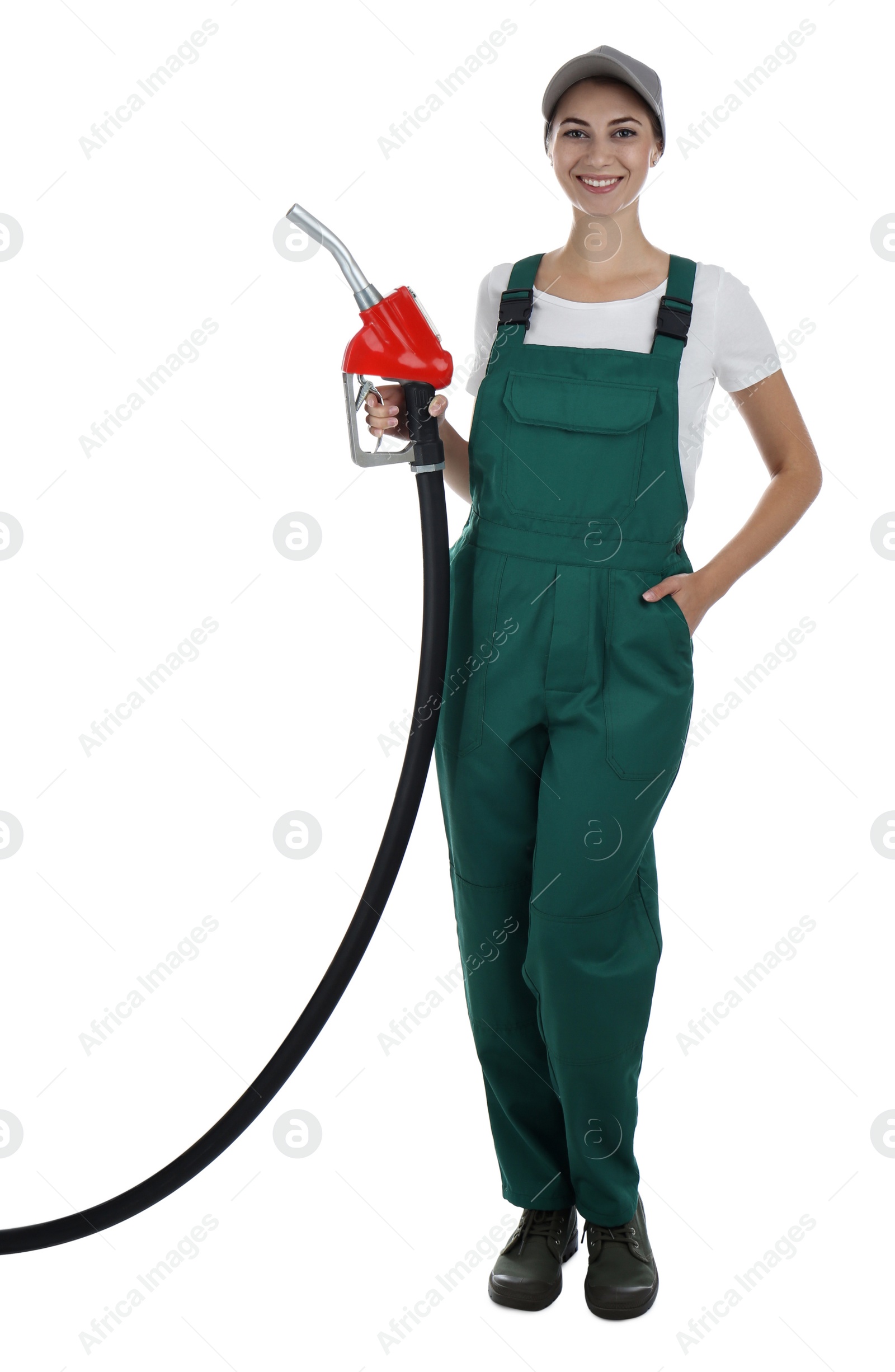 Photo of Gas station worker with fuel nozzle on white background