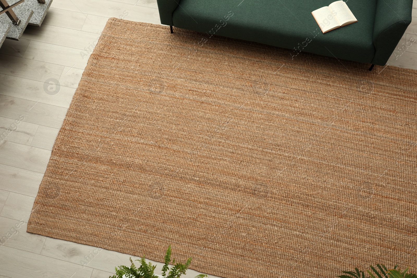 Photo of Beige carpet on wooden floor in living room, above view