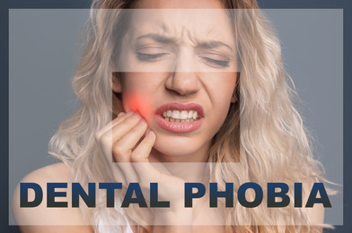 Image of Dental phobia concept. Young woman suffering from toothache on grey background