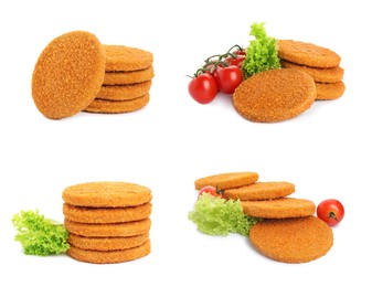 Set with tasty breaded cutlets on white background 