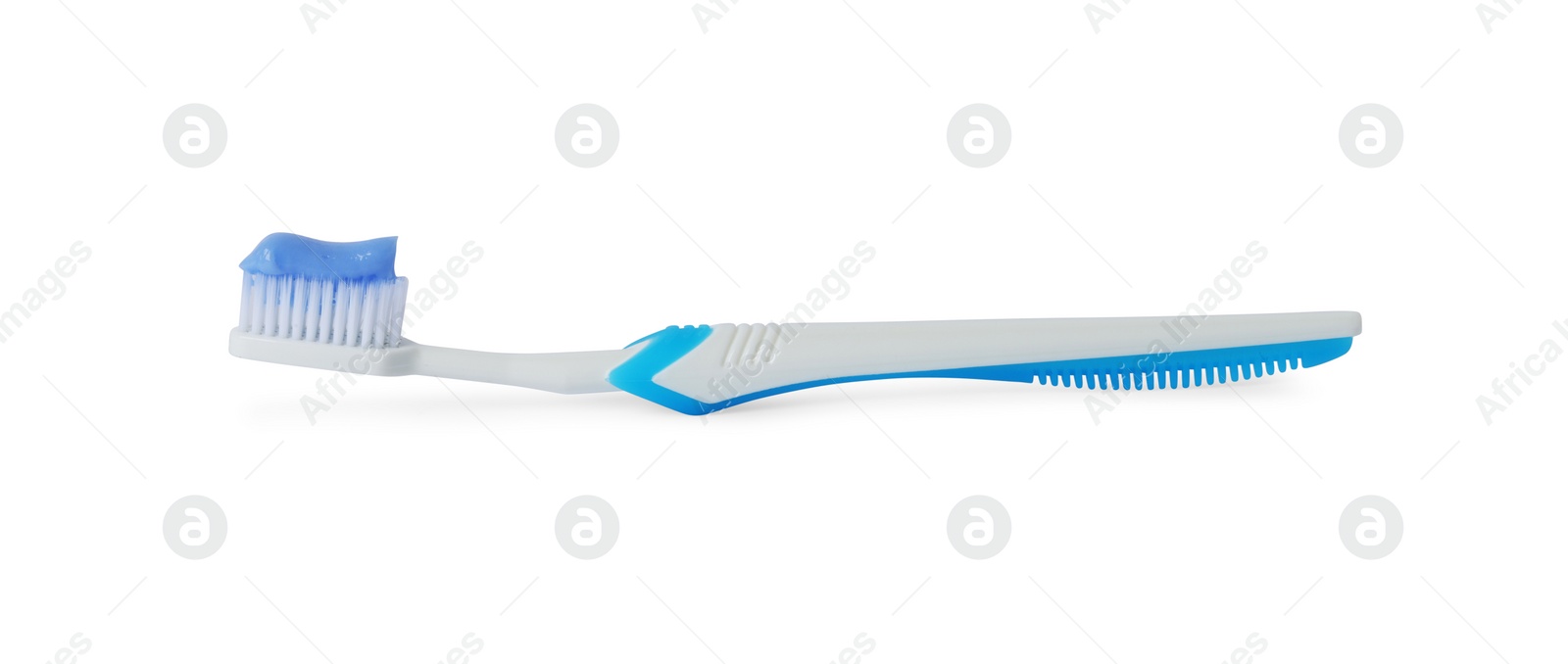 Photo of Plastic toothbrush with paste on white background