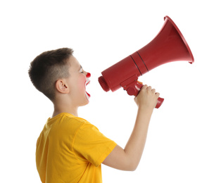 Photo of Preteen boy with clown makeup and megaphone on white background. April fool's day