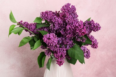 Beautiful lilac flowers in vase on light background