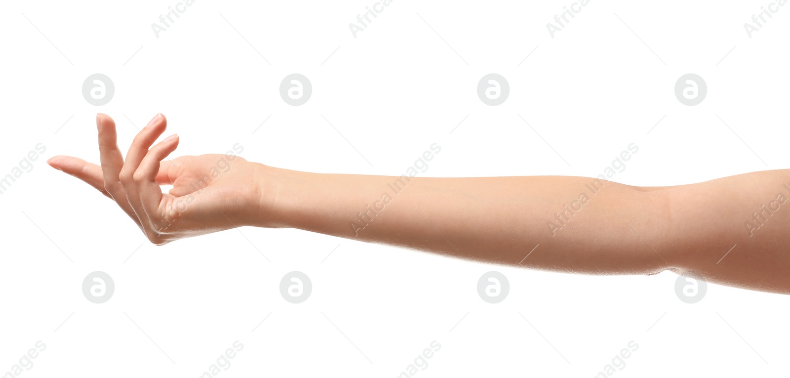 Photo of Young woman holding something on white background, closeup