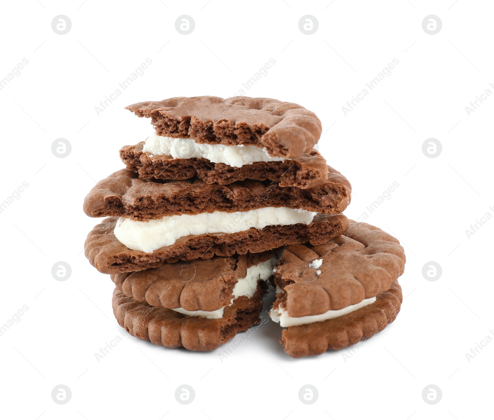 Photo of Broken tasty chocolate sandwich cookies with cream on white background