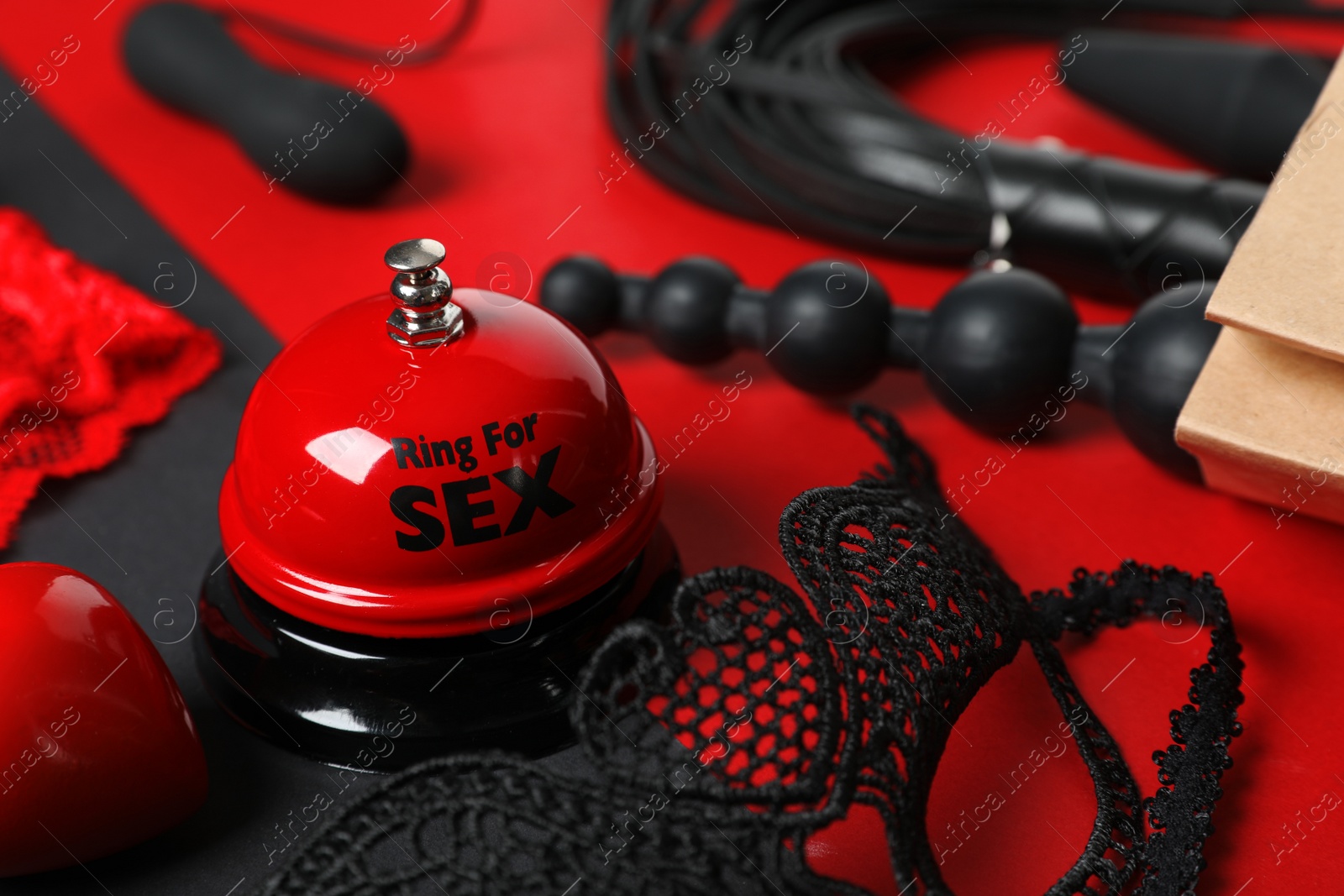 Photo of Set of different sex toys on color background