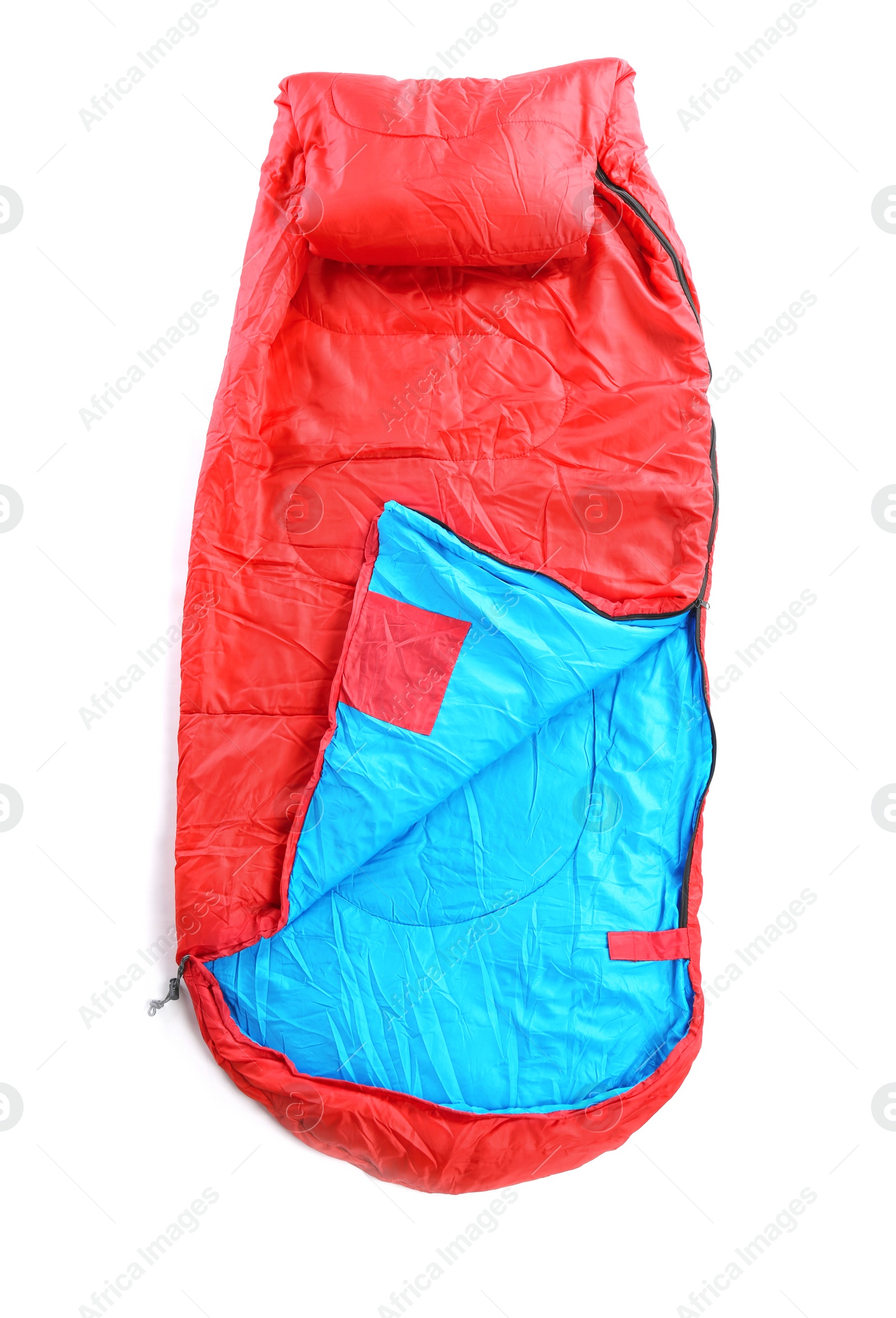 Photo of Sleeping bag on white background, top view. Camping equipment