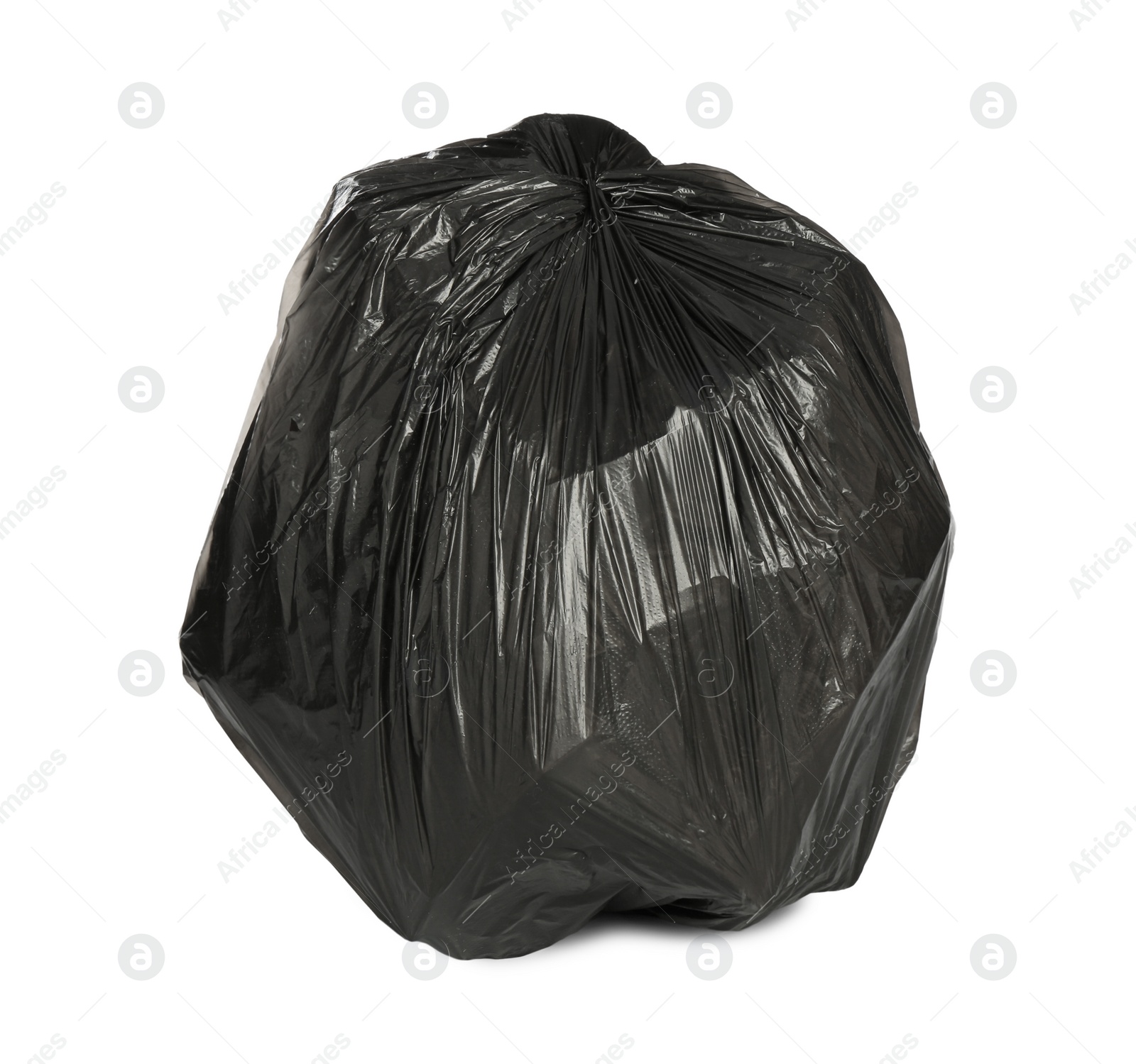 Photo of Black trash bag filled with garbage isolated on white