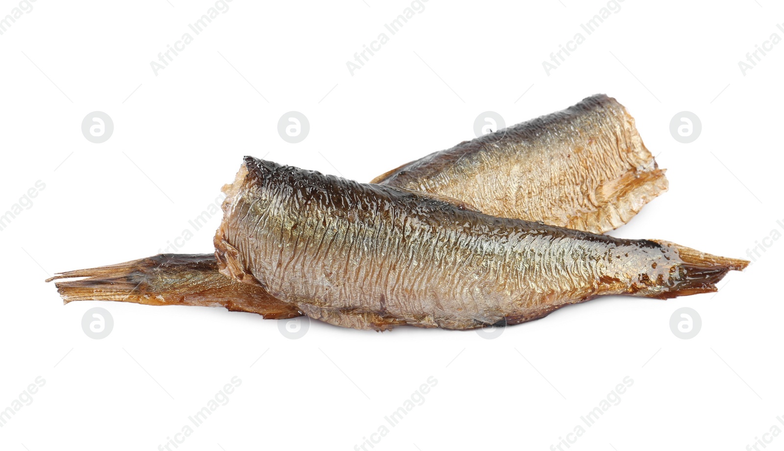 Photo of Two tasty canned sprats isolated on white