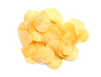 Tasty crispy potato chips on white background