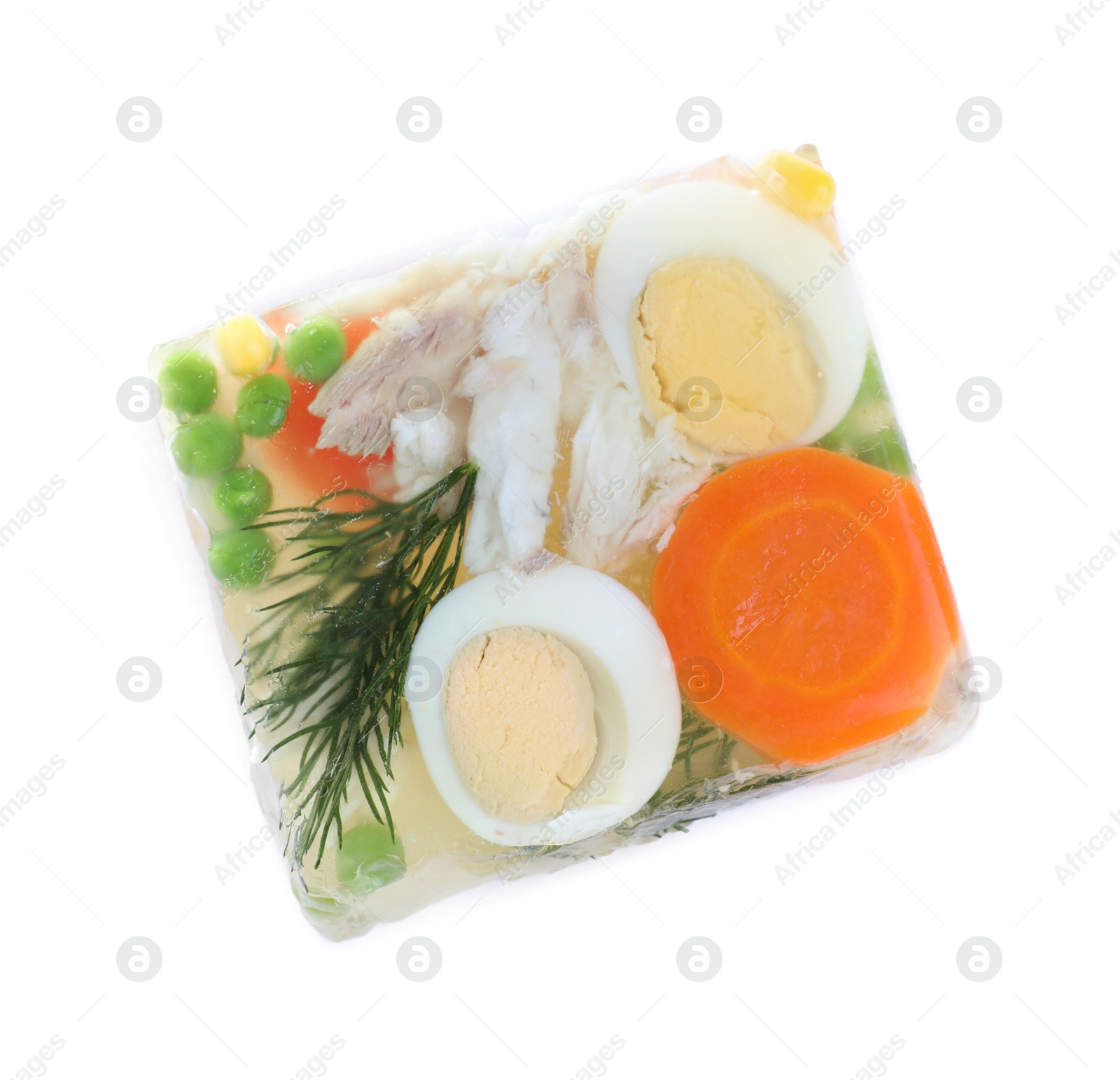 Photo of Delicious homemade fish aspic isolated on white, top view