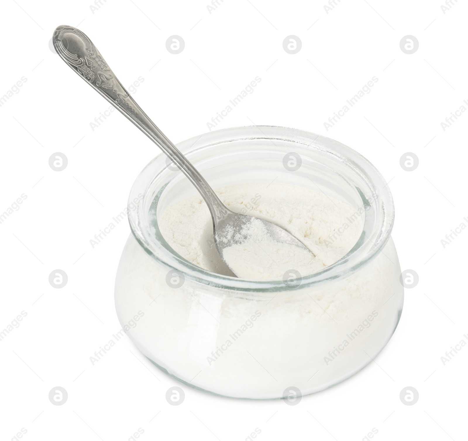 Photo of Baking powder in glass jar and spoon isolated on white