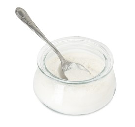 Baking powder in glass jar and spoon isolated on white