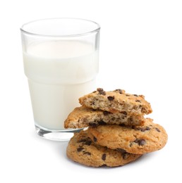 Photo of Delicious chocolate chip cookies and glass of milk isolated on white