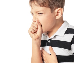 Photo of Little boy coughing on white background