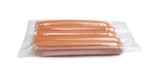 Photo of Pack of fresh raw sausages isolated on white. Ingredients for hot dogs