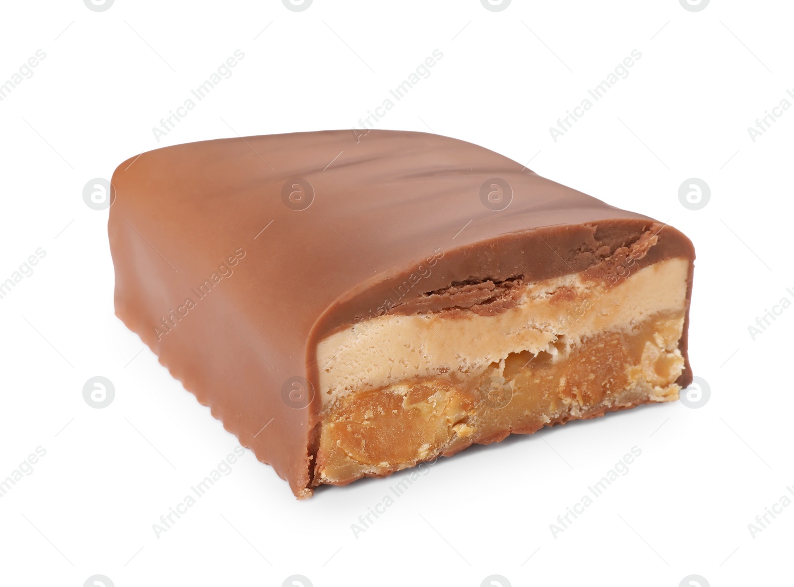 Photo of Piece of tasty chocolate bar with nougat and nuts isolated on white