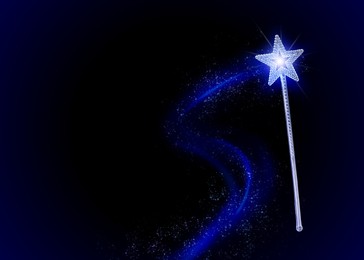 Image of Beautiful magic wand with fairy sparkle on dark background