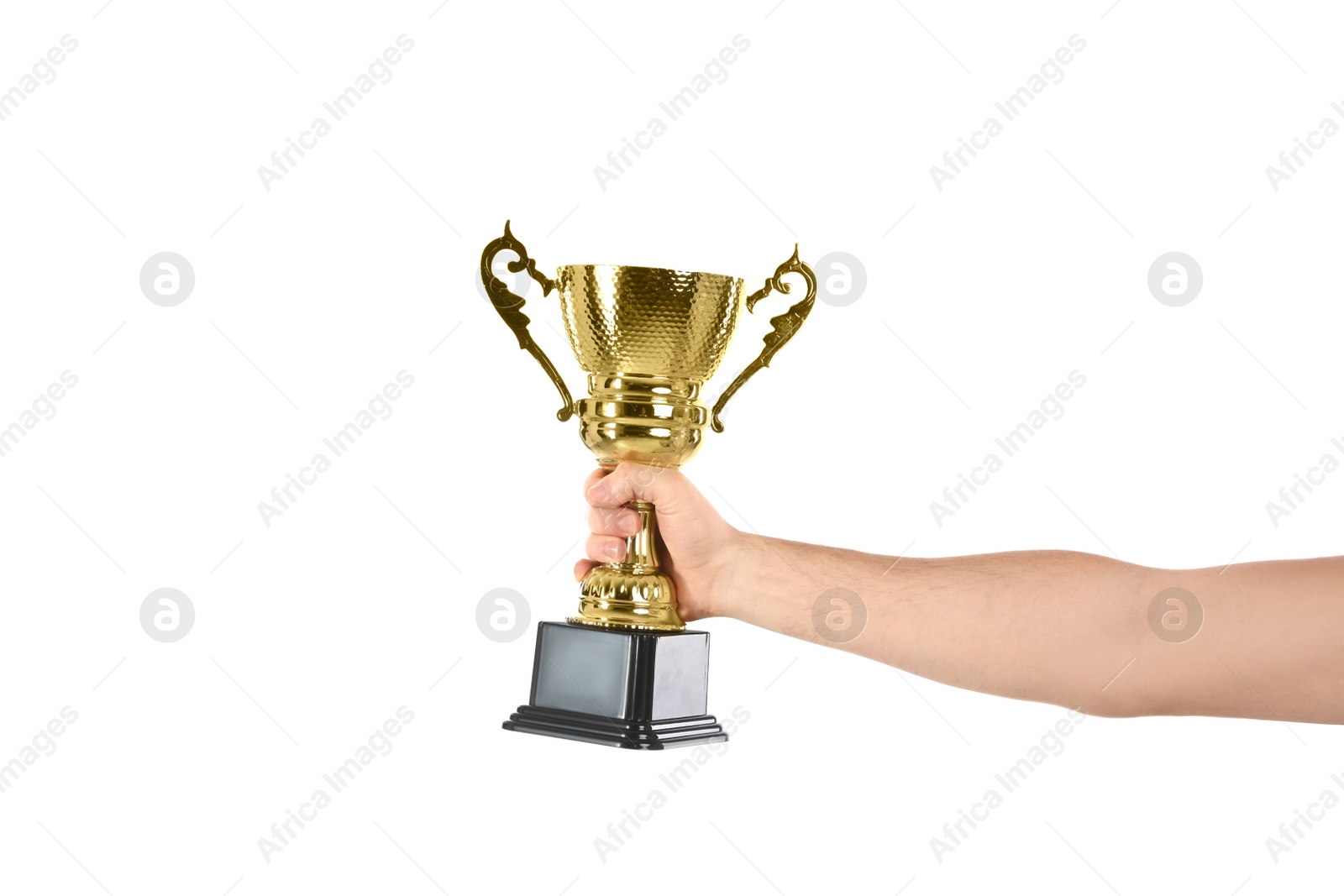 Photo of Man holding gold trophy cup on white background, closeup