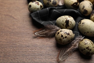 Photo of Speckled quail eggs and feathers on wooden table, closeup. Space for text