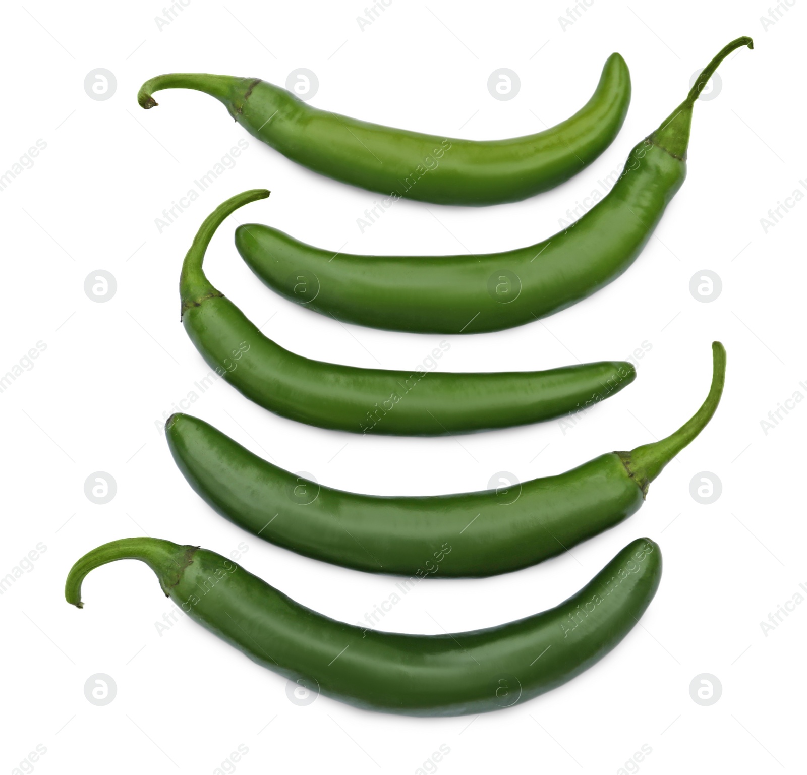 Photo of Green hot chili peppers on white background, top view