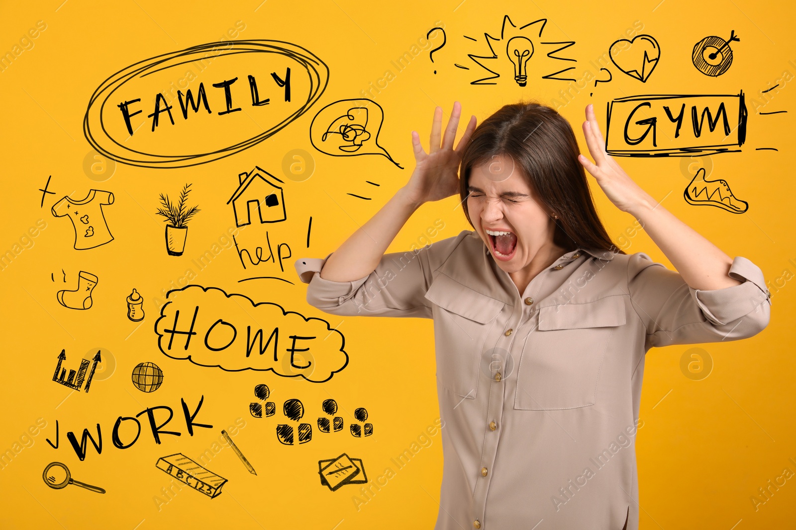 Image of Stressed young woman, text and drawings on yellow background