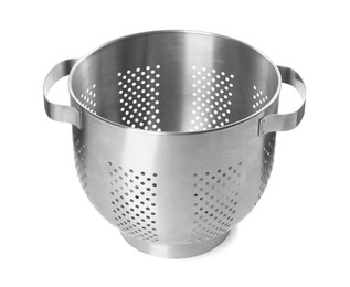 Modern metal colander isolated on white. Cooking utensil