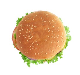 Photo of One delicious burger with lettuce isolated on white, top view