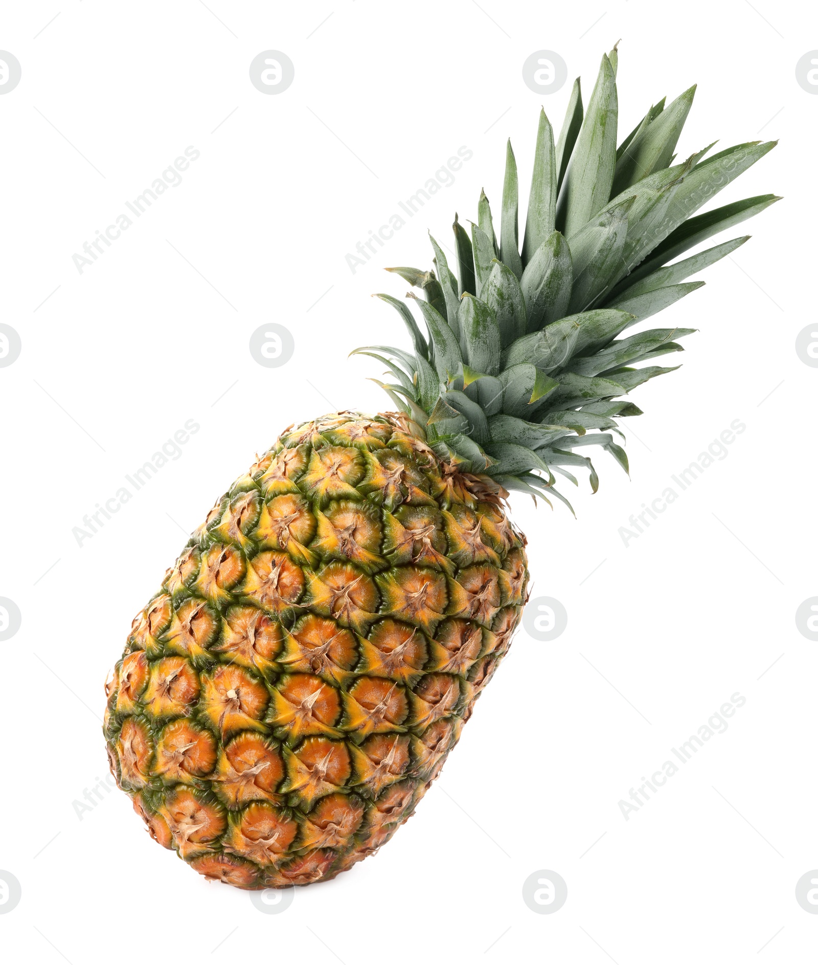 Photo of Tasty whole pineapple with leaves on white background