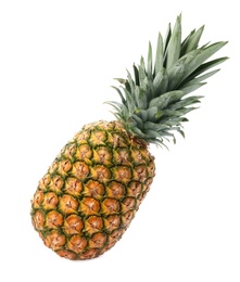 Tasty whole pineapple with leaves on white background