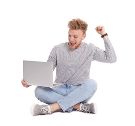 Emotional man with laptop on white background