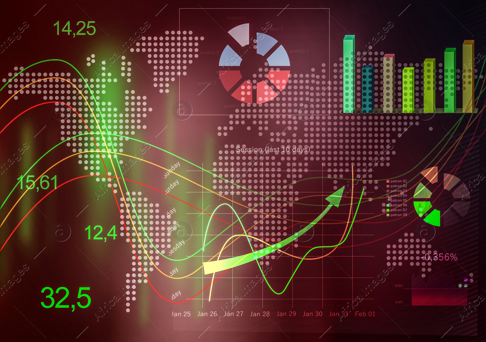 Illustration of Finance trading concept. Digital charts with statistic information and world map
