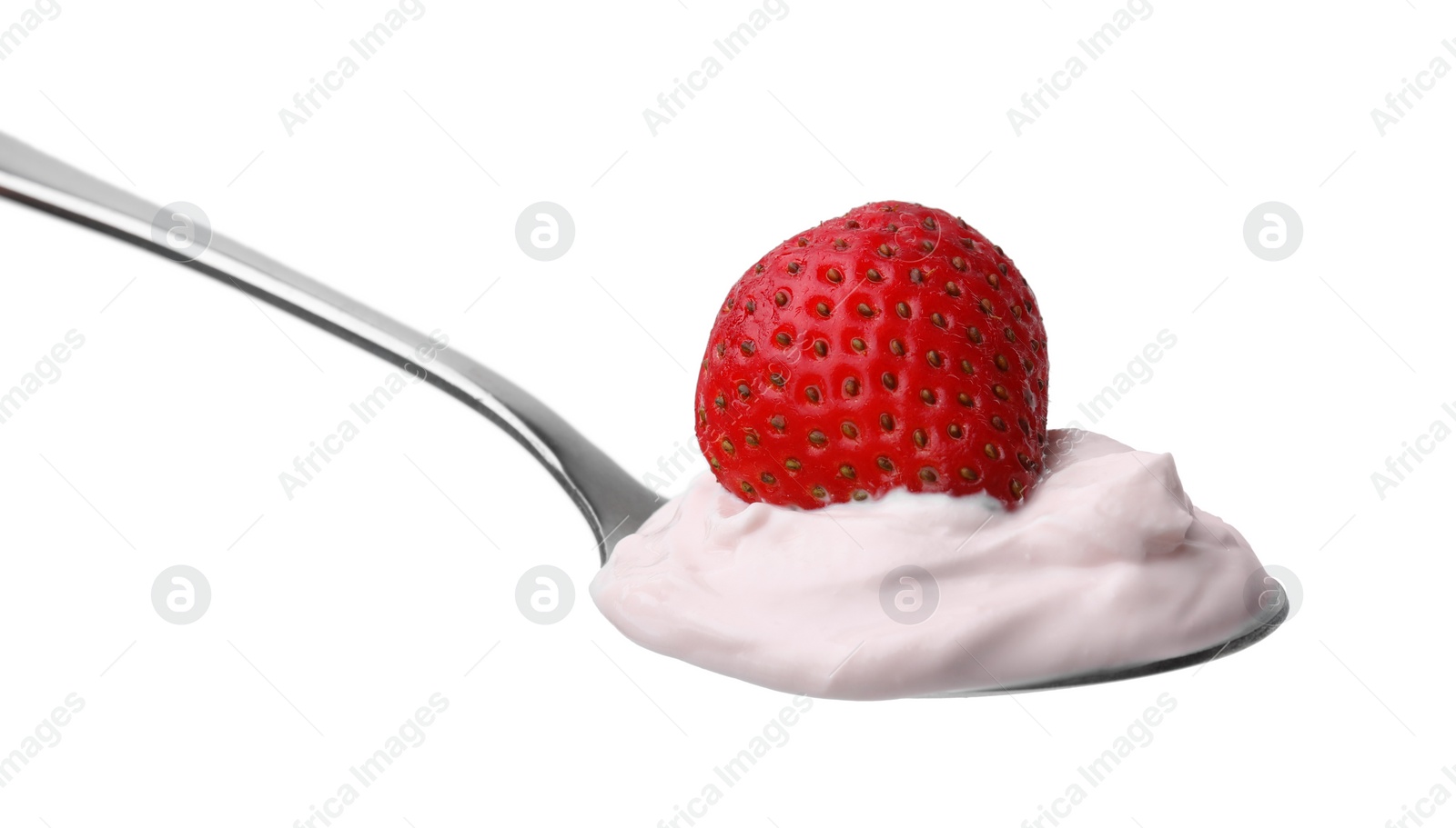 Photo of Delicious natural yogurt with fresh strawberry in spoon isolated on white