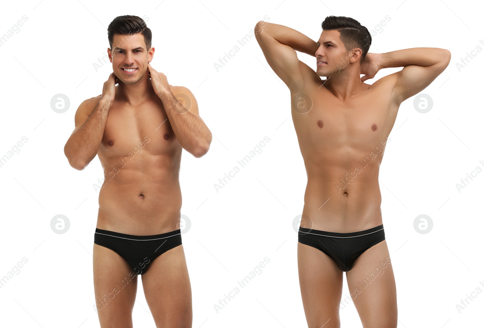 Image of Collage of man in underwear on white background