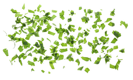 Photo of Cut fresh green parsley on white background