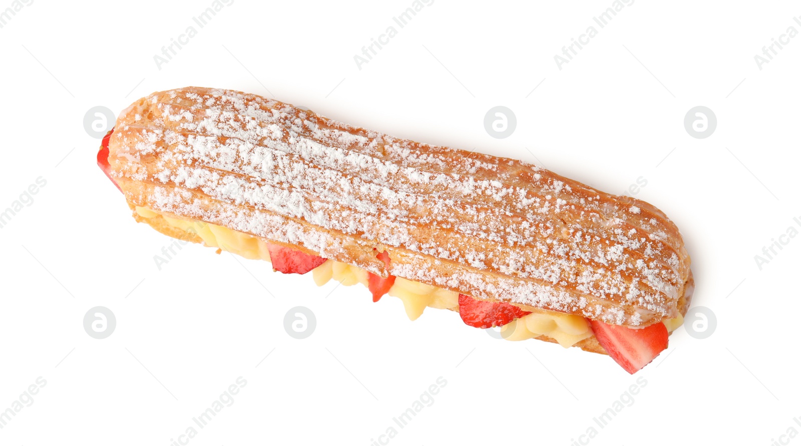 Photo of Delicious eclair filled with cream and strawberries isolated on white, top view