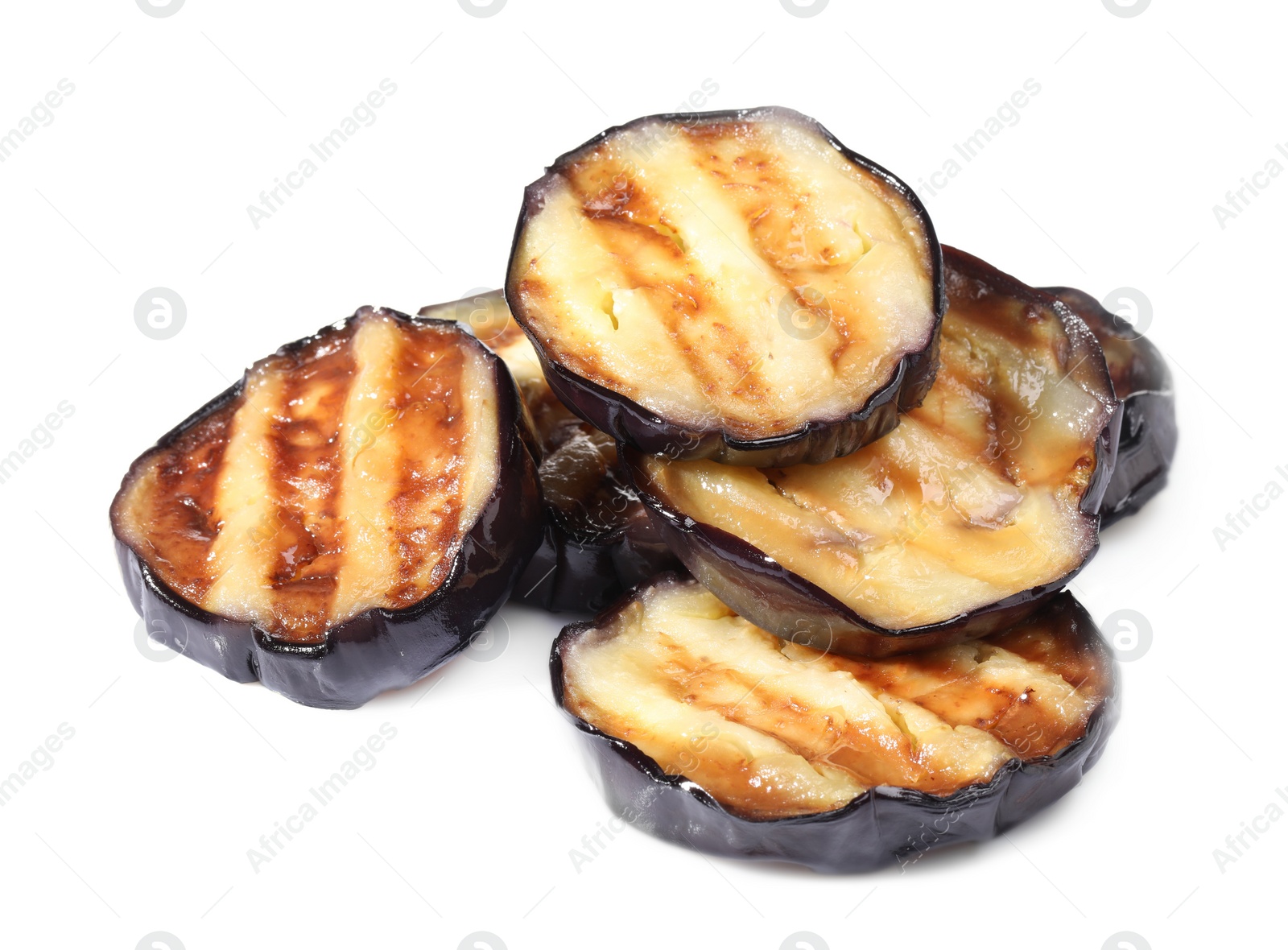 Photo of Slices of tasty grilled eggplant isolated on white