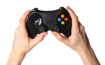 Photo of Woman using game controller on white background, closeup