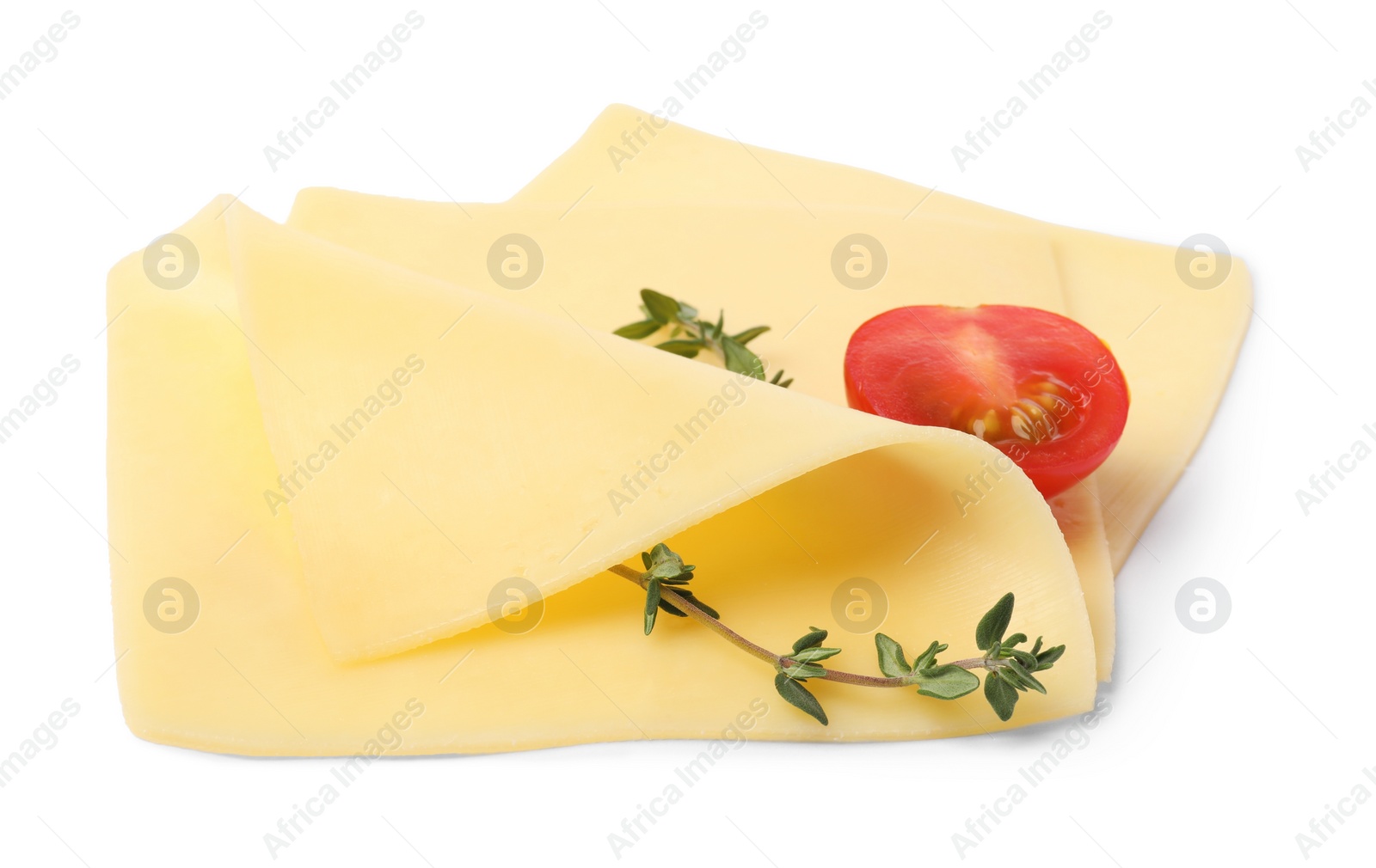 Photo of Slices of tasty fresh cheese, tomato and thyme isolated on white