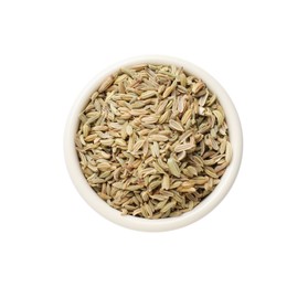 Photo of Dry fennel seeds in bowl isolated on white, top view