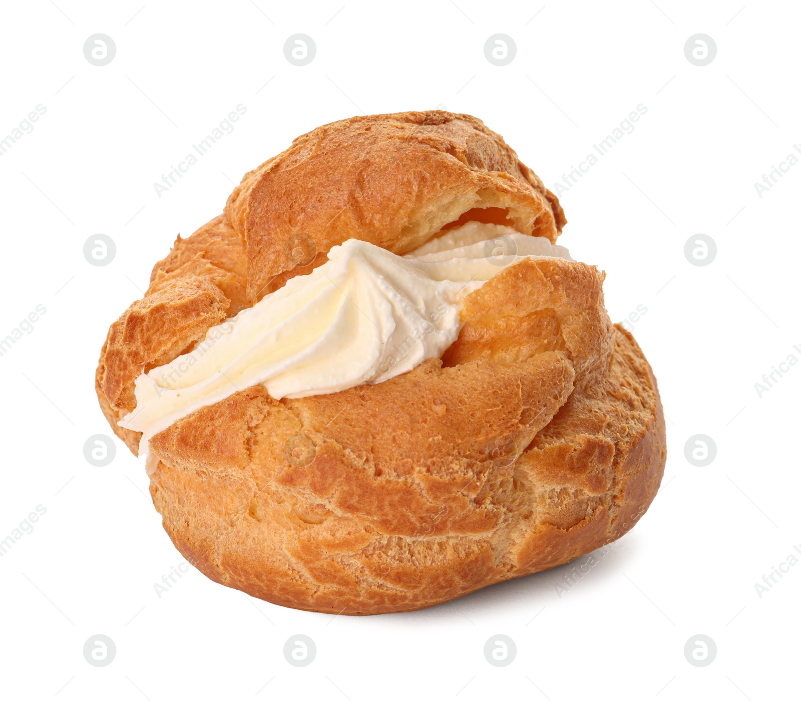 Photo of Delicious profiterole with cream filling isolated on white