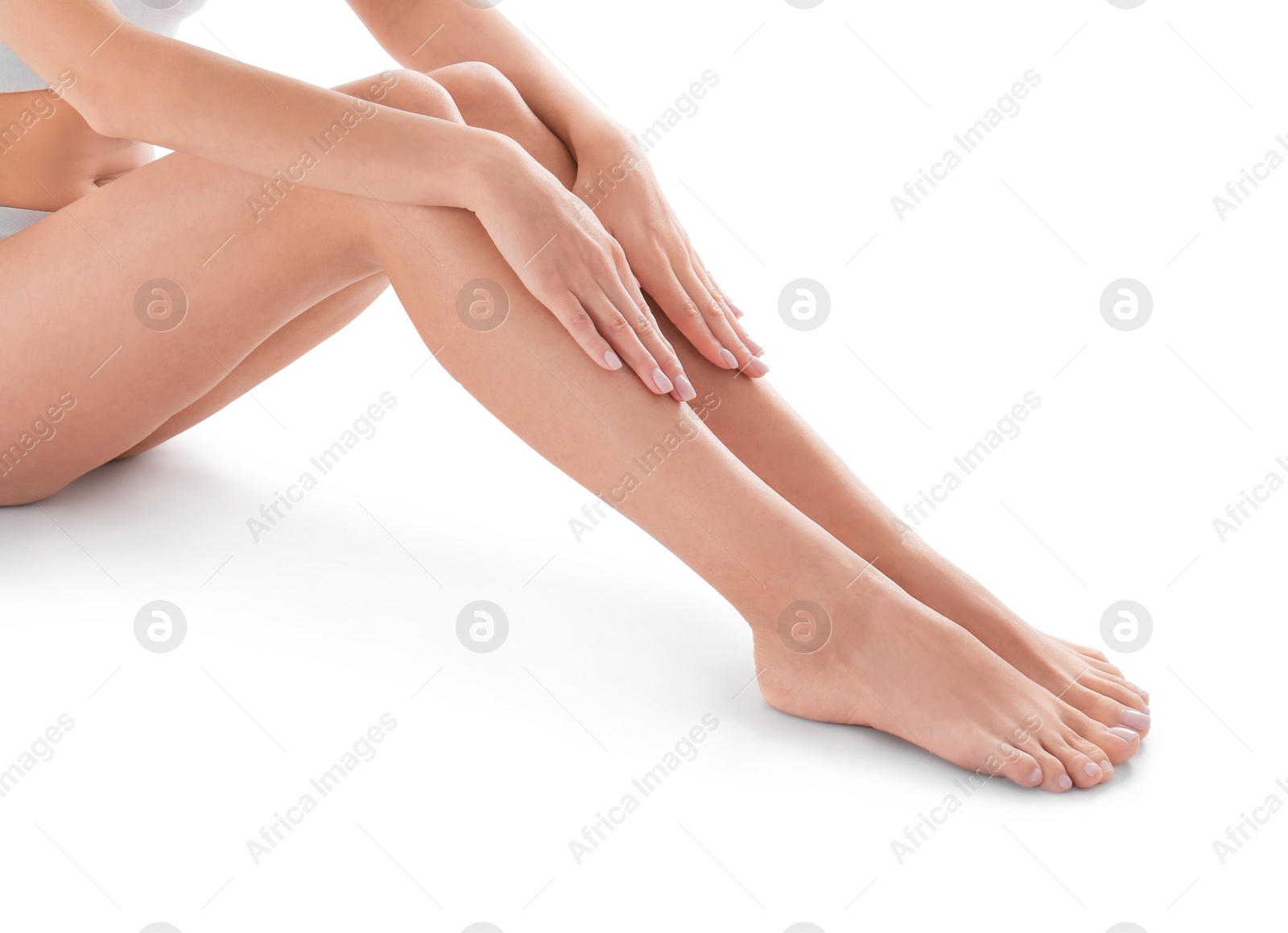 Photo of Young woman with perfect skin on white background. Beauty and body care