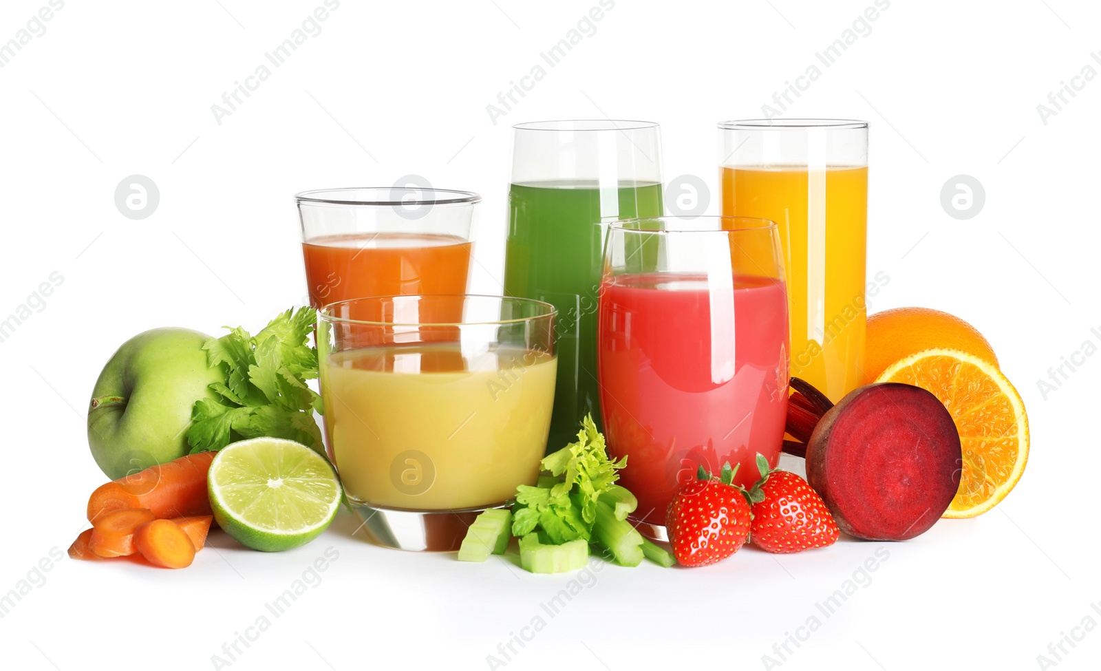 Photo of Glasses with different juices and fresh fruits and vegetables on white background