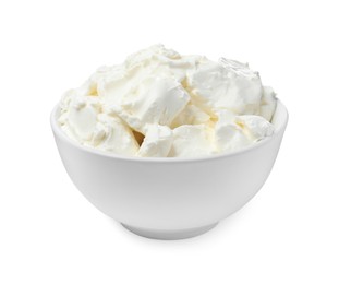 Photo of Bowl of tasty cream cheese isolated on white 